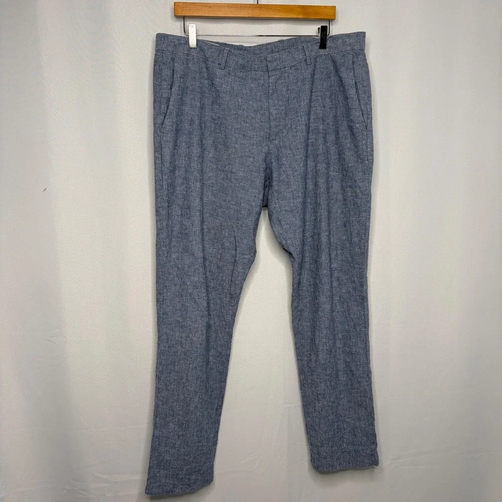 Perry Ellis Mens Blue Linen Cotton Blend Chambray Pants 38x32 MA6111